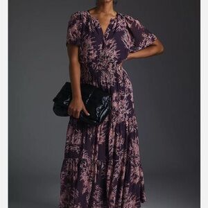Anthropologie Somerset Plum Maxi Dress with Dusty Pink Floral Print